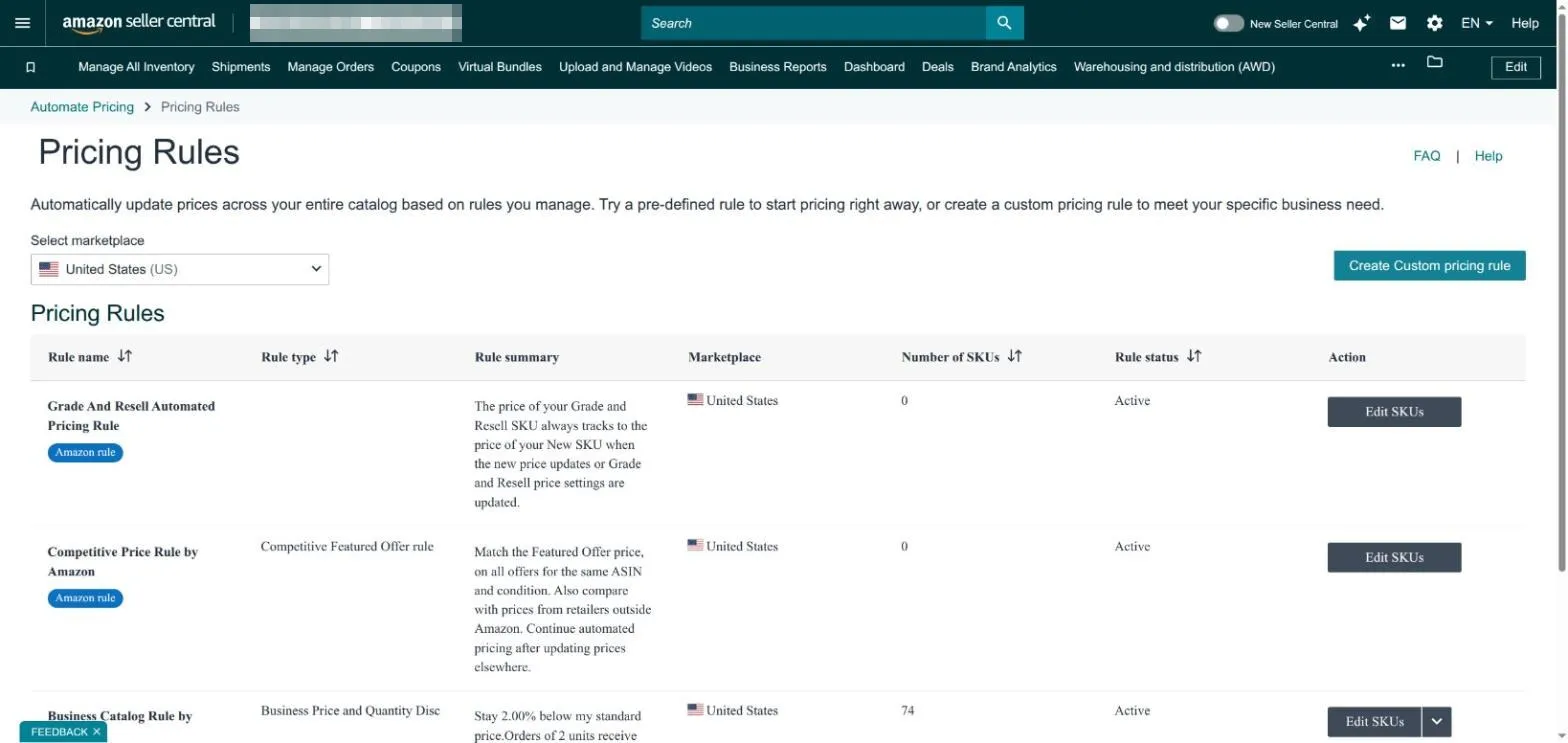 Amazon Seller Central Automate Pricing screen listing active pricing rules and their status
