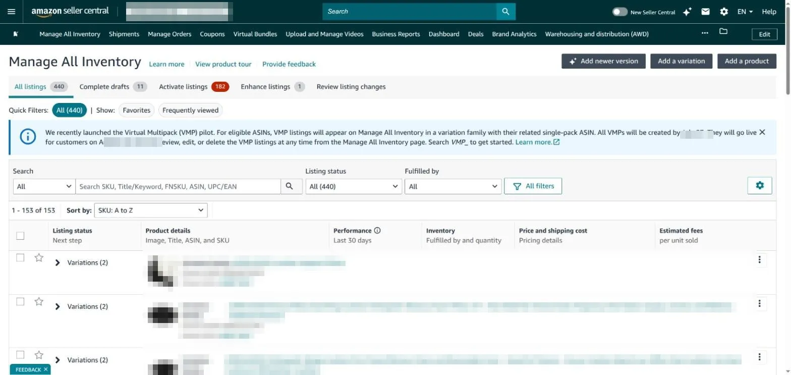 Amazon Seller Central Manage All Inventory screen listing products with status, pricing and fees