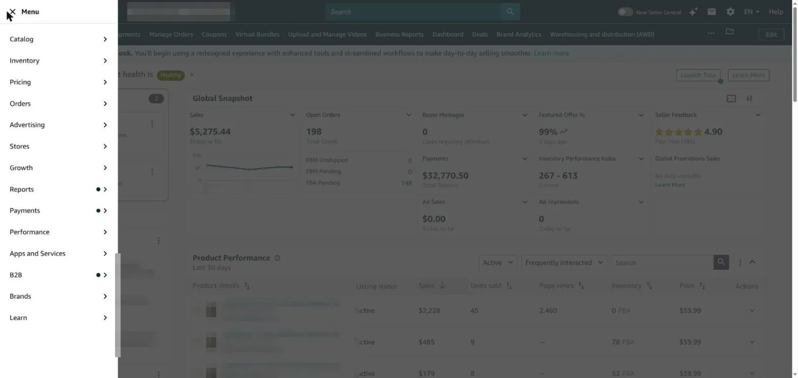 Amazon Seller Central 2026 main navigation menu showing Catalog, Inventory, Pricing, Orders, Advertising and more