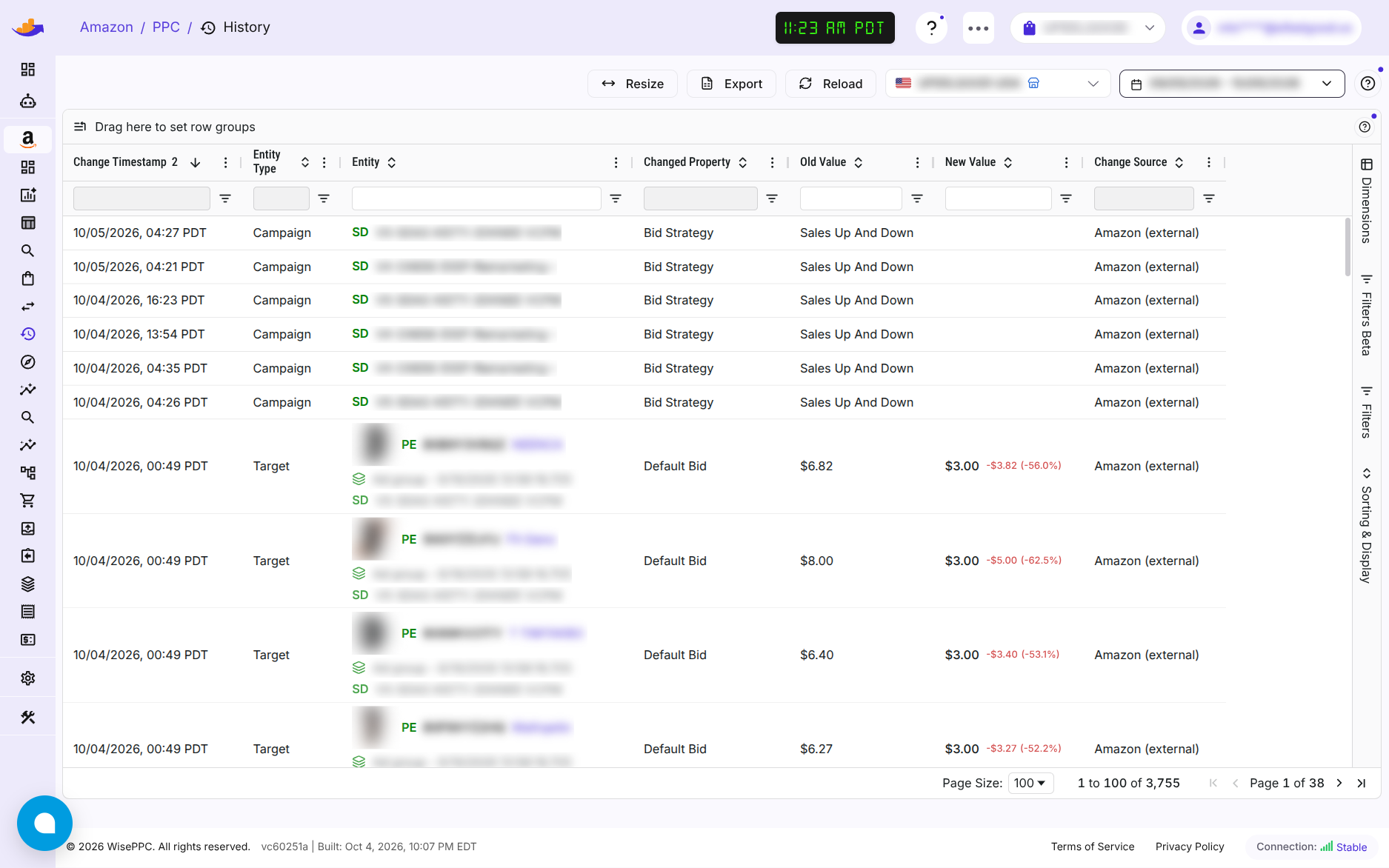 Change history in WisePPC: what changed in Amazon Ads, the old and new value, and when