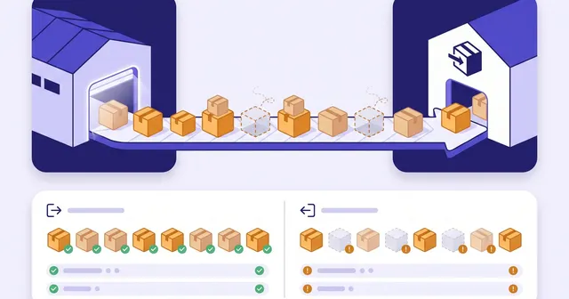 An illustration of cardboard boxes moving on a conveyor from a warehouse to a fulfillment center, with a sent-versus-received checklist below where some received boxes are missing.
