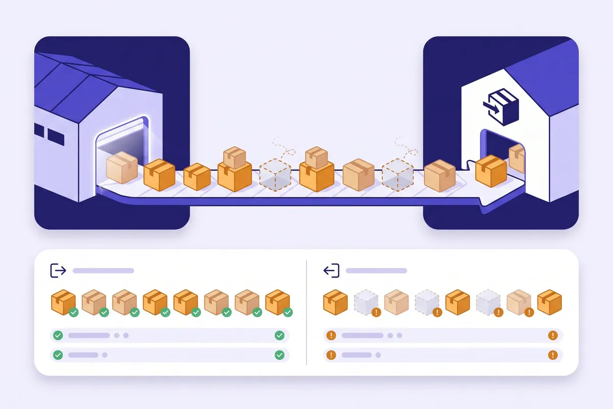 An illustration of cardboard boxes moving on a conveyor from a warehouse to a fulfillment center, with a sent-versus-received checklist below where some received boxes are missing.
