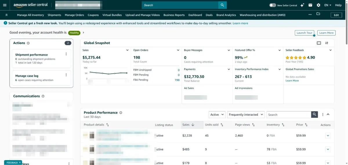 Amazon Seller Central home dashboard in 2026 with the Global Snapshot and account health status