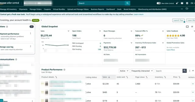 Amazon Seller Central home dashboard in 2026 with the Global Snapshot and account health status