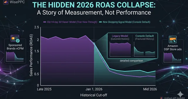 Chart showing the 2026 ROAS collapse: the old 14-day 'all views' attribution model stays near 2.0 ROAS while the new shopping-signal model drops to ~0.5 after January 1, 2026 — measurement change, not performance change.