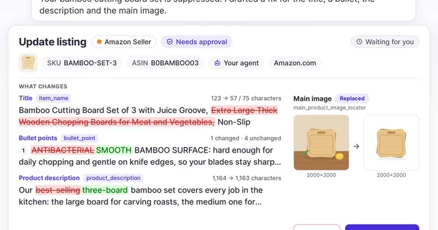A WisePPC approval card: your agent proposes a listing fix with a shorter title, a reworded bullet, a corrected description and a new main image, waiting for you to authorize it.