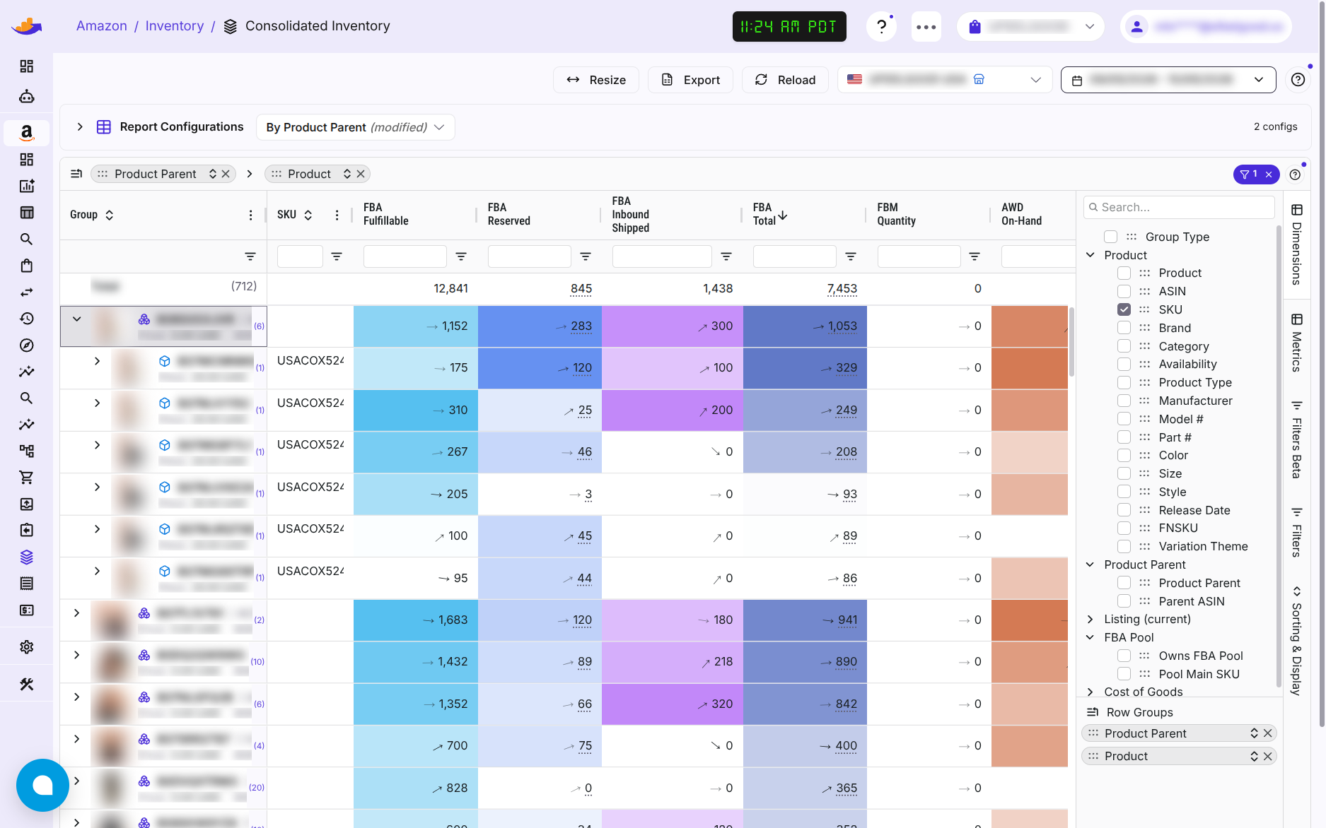 The Inventory report in WisePPC: stock per product across FBA, AWD and your own warehouse