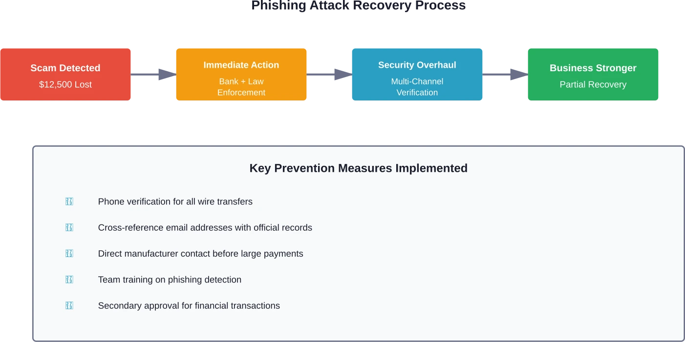 Der vierstufige Wiederherstellungsprozess, den Angela Stephens umgesetzt hat, nachdem sie Opfer eines Phishing-Betrugs wurde, einschließlich Präventionsmaßnahmen zum Schutz künftiger Transaktionen.