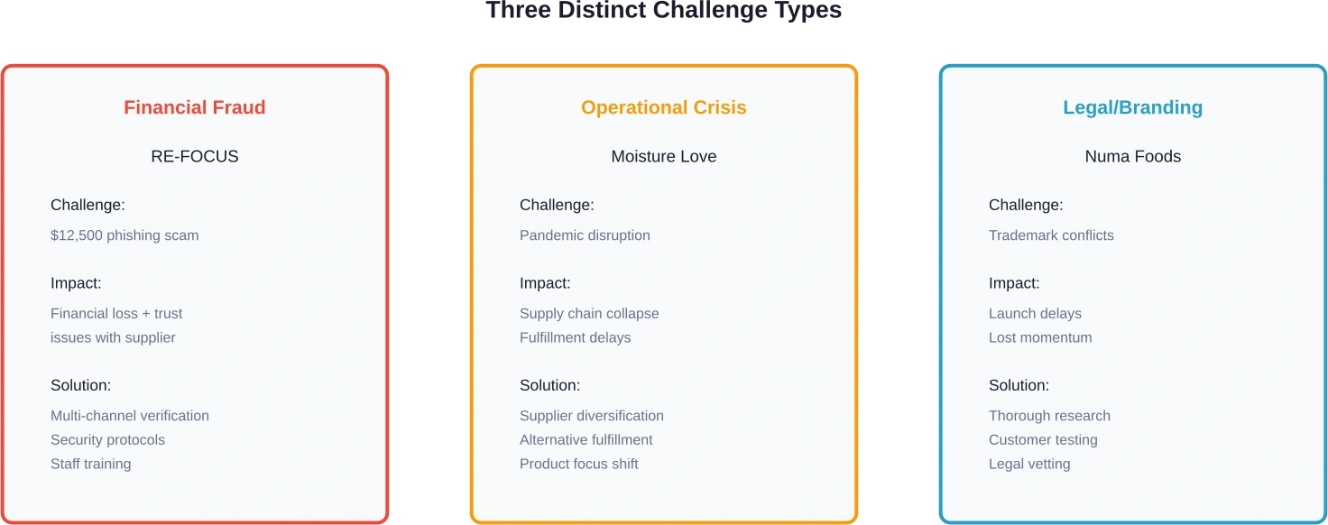 Vergleich von drei verschiedenen Arten von Herausforderungen, mit denen Amazon-Verkäufer konfrontiert sind, und den entsprechenden Lösungen.