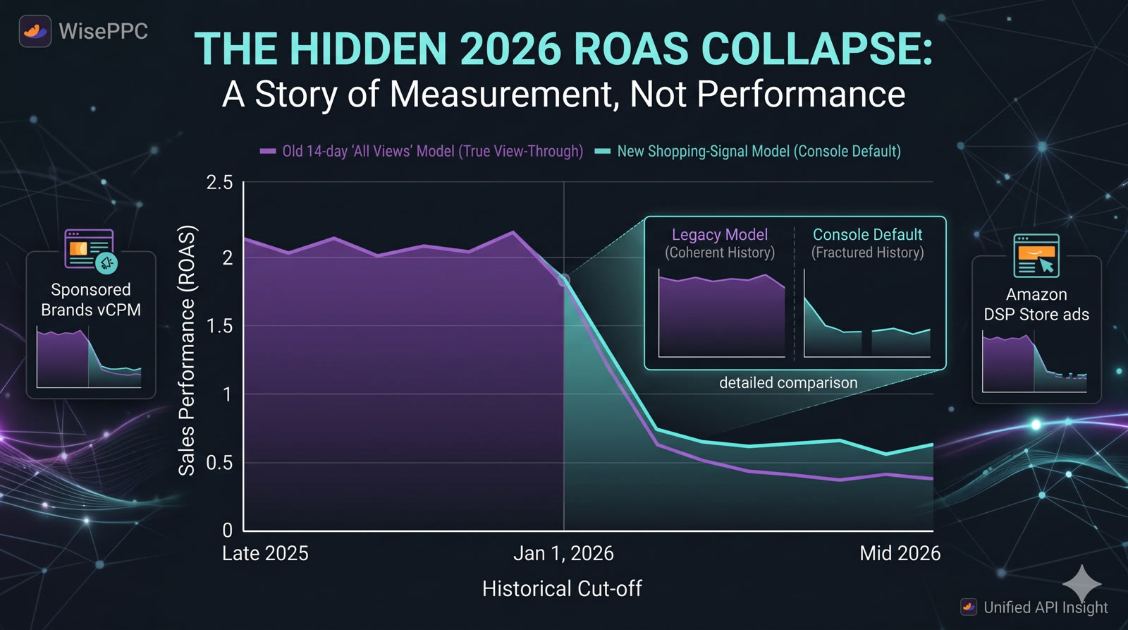 Chart showing the 2026 ROAS collapse: old 14-day all-views model stays near 2.0 ROAS while the new shopping-signal model drops to ~0.5 after Jan 1, 2026