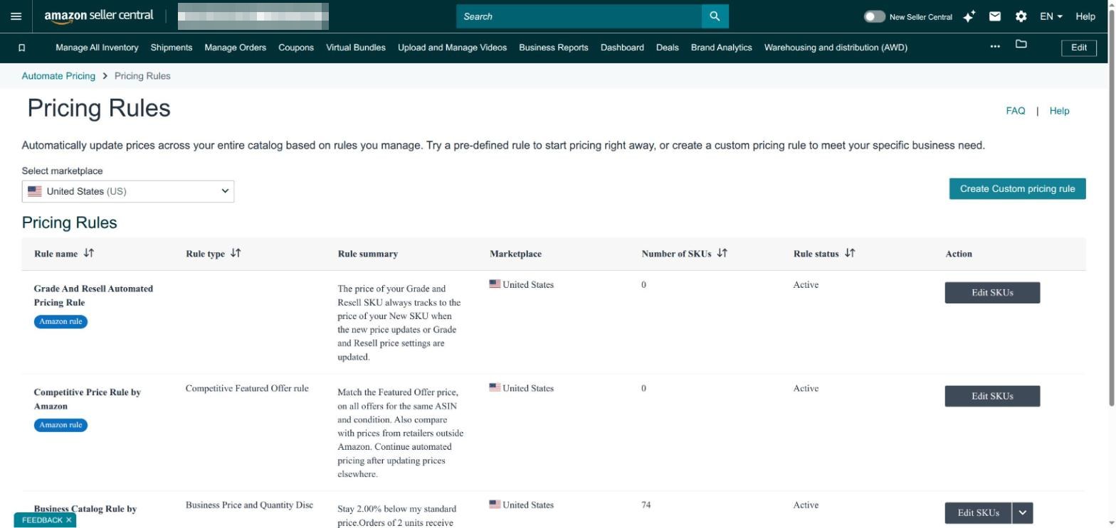 Écran Automatiser la tarification d'Amazon Seller Central répertoriant les règles de prix actives et leur statut