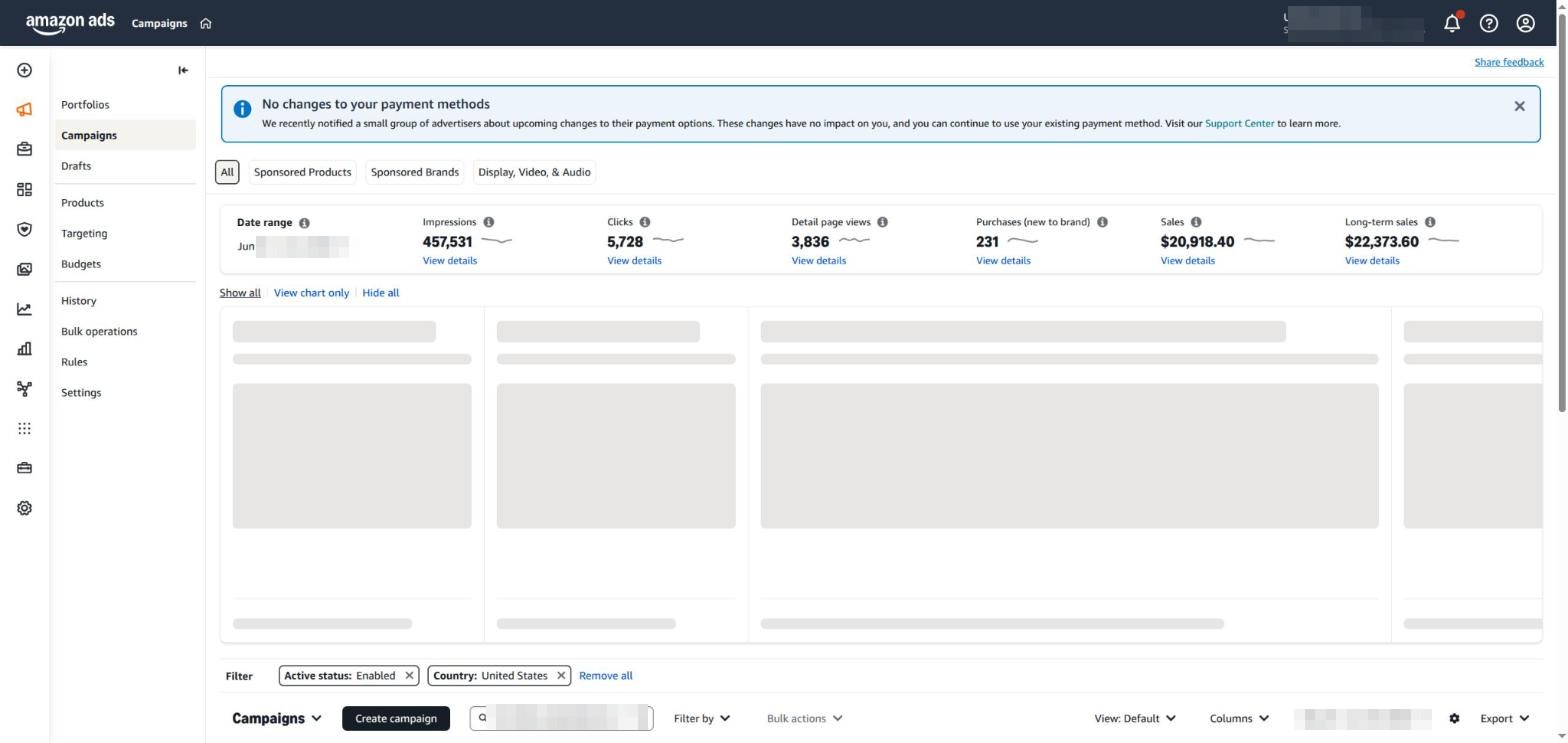 Gestionnaire de campagnes Amazon Ads dans Seller Central affichant les indicateurs Sponsored Products, Brands et Display